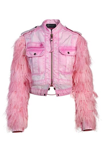 Mr & Mrs Italy Cropped Jacket For Woman With Removable Bolero And Ostrich Feathers in pink