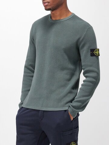 stone island - logo-patch ribbed-knit cotton sweater - mens - green