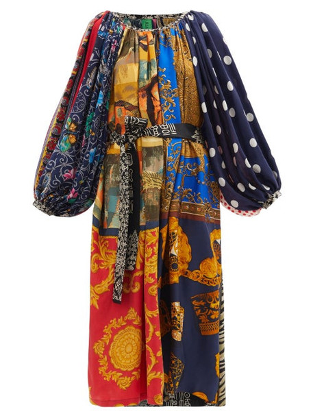 Rianna + Nina Rianna + Nina - Patchwork Gathered-neck Vintage-silk Dress - Womens - Multi