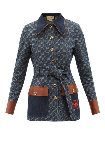 gucci - leather-trimmed gg-jacquard safari jacket - womens - denim