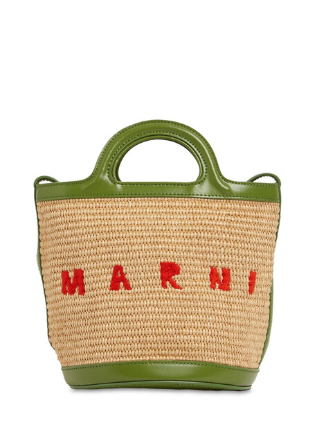 MARNI Mini Raffia Effect & Leather Bucket Bag in green / beige