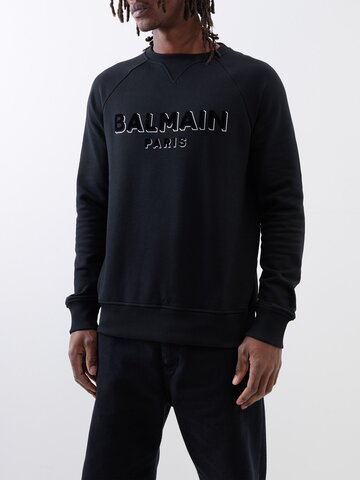 balmain - flocked-logo organic-cotton jersey sweatshirt - mens - black silver