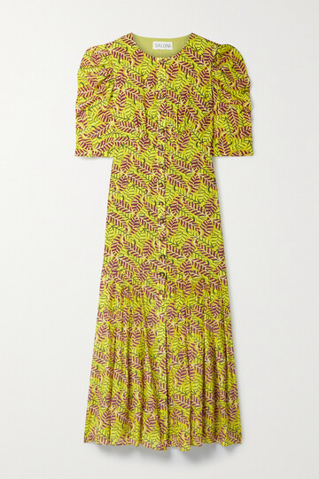 saloni - colette pleated floral-print silk crepe de chine maxi dress - yellow