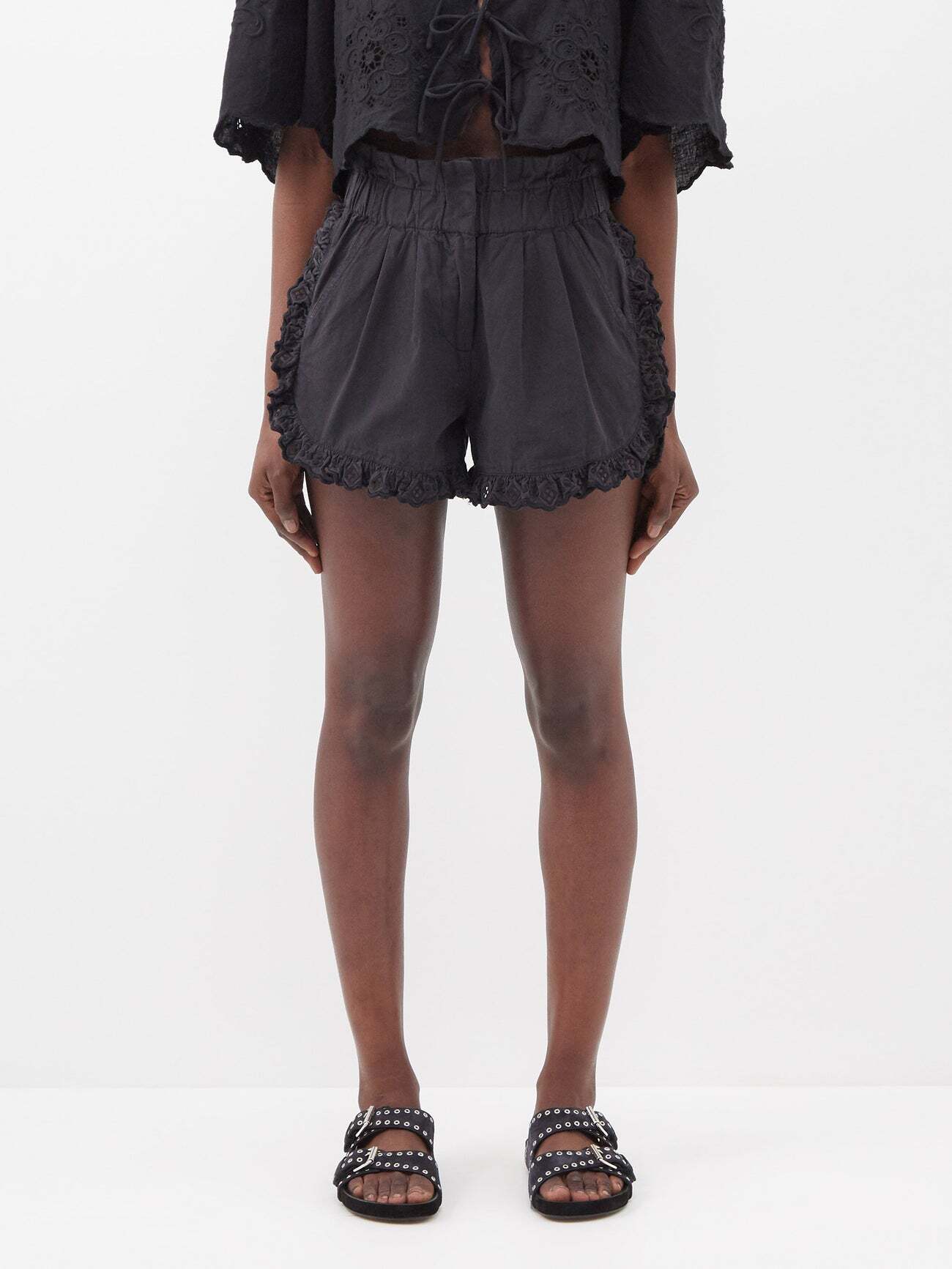 Sea - Kiara Eyelet-embroidered Cotton-lawn Shorts - Womens - Black