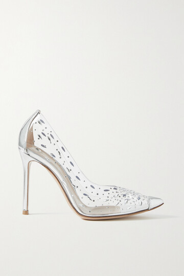 gianvito rossi - 105 metallic leather-trimmed crystal-embellished pvc pumps - neutrals