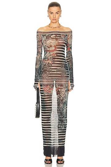 jean paul gaultier printed mariniere tattoo long boat neck dress in navy in blue / white