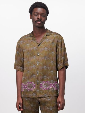 dries van noten - cassi embroidered printed-satin shirt - mens - olive