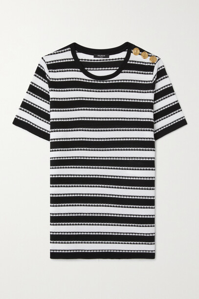 Balmain - Button-embellished Striped Organic Cotton-blend Jersey T-shirt - Black