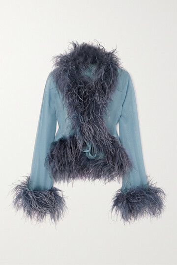 oséree - plumage feather-trimmed glittered chiffon blouse - blue