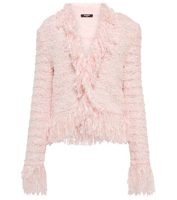 balmain fringed-trimmed beaded tweed jacket in pink