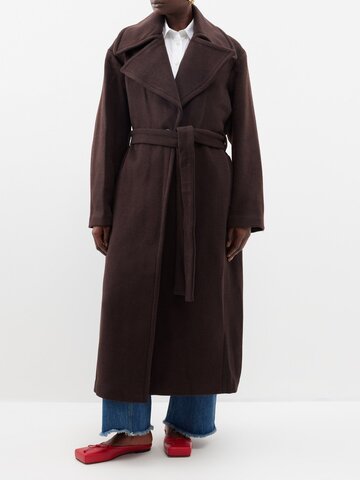 staud - carver felted wool-blend coat and scarf - womens - dark brown