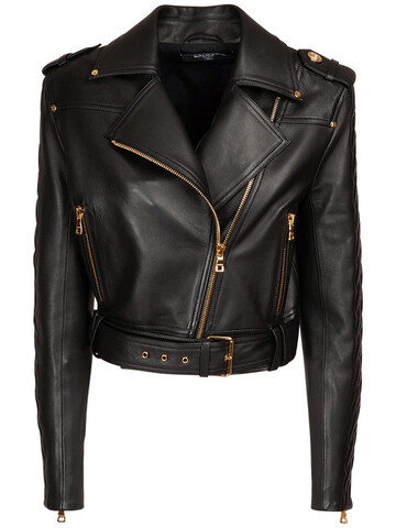 BALMAIN Chain Quilted Crop Leather Biker Jacket in black