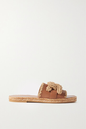 tod's - kate whipstitched raffia-trimmed leather slides - brown