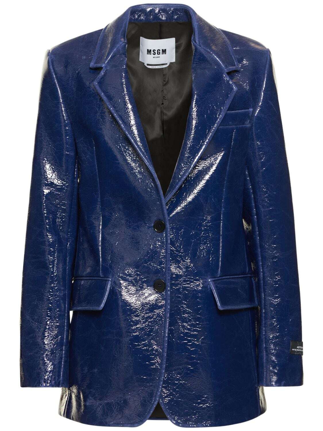 MSGM Faux Patent Leather Blazer Jacket in blue