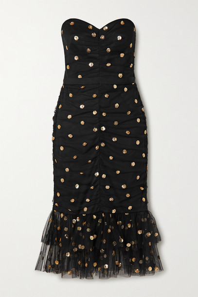 MARCHESA NOTTE - Strapless Ruched Polka-dot Sequined Tulle Midi Dress - Black