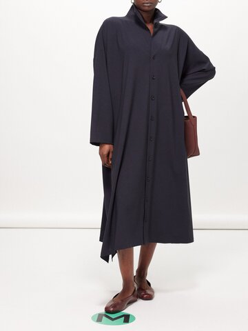 eskandar - oversized wool-blend barathea midi shirt dress - womens - navy
