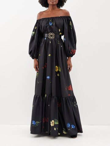 elie saab - off-the-shoulder floral-print taffeta gown - womens - black multi
