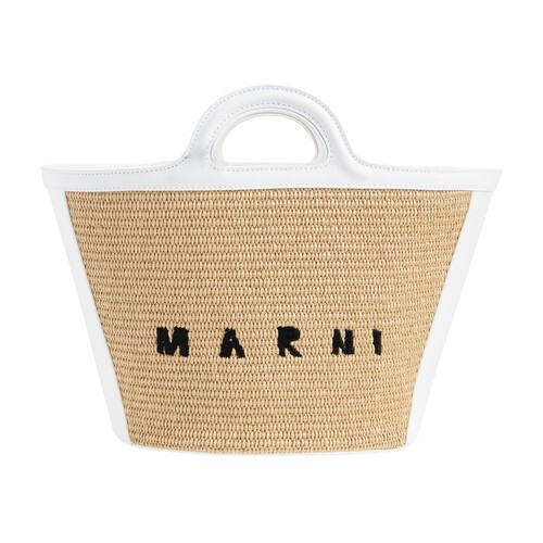 Marni Tropicalia raffia and leather small basket bag in sand / white
