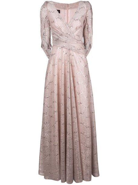 Talbot Runhof metallic draped long dress in pink
