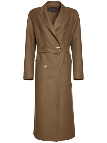 VERSACE Belted Wool Double Breasted Long Coat in green