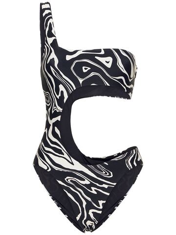 WEWOREWHAT One Shoulder Cut Out One Piece Swimsuit in black / white