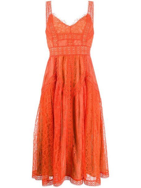Self-Portrait flared lace midi dress in orange