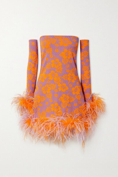 Leslie Amon - Laurie Convertible Feather-trimmed Floral-jacquard Mini Dress - Orange