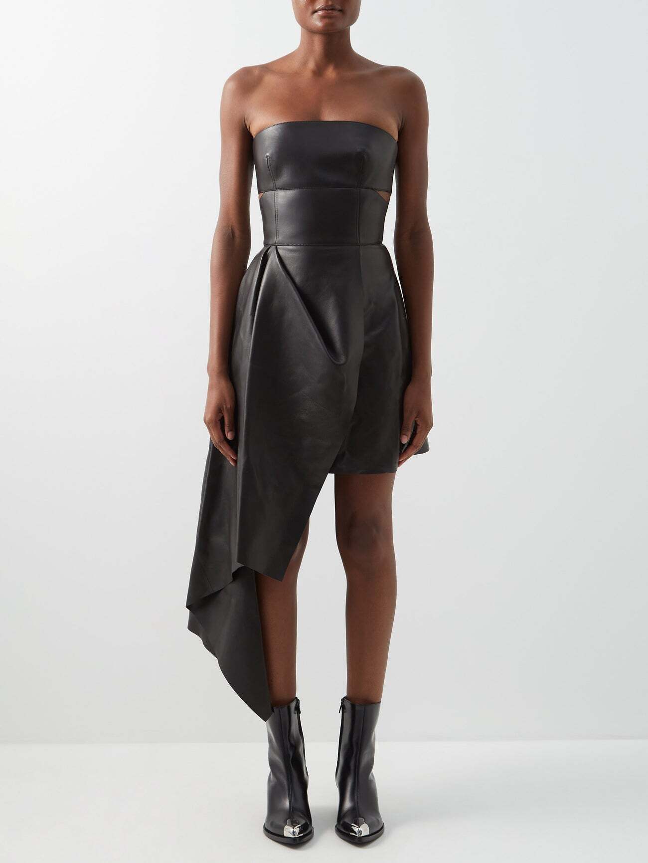 Alexander Mcqueen - Asymmetric Leather Mini Dress - Womens - Black