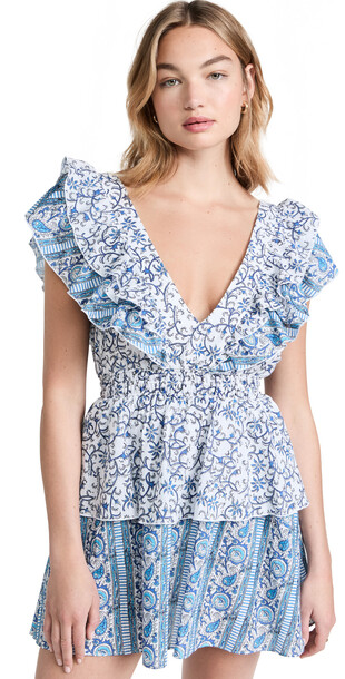 Playa Lucila Ruffle Mini Dress in blue / white