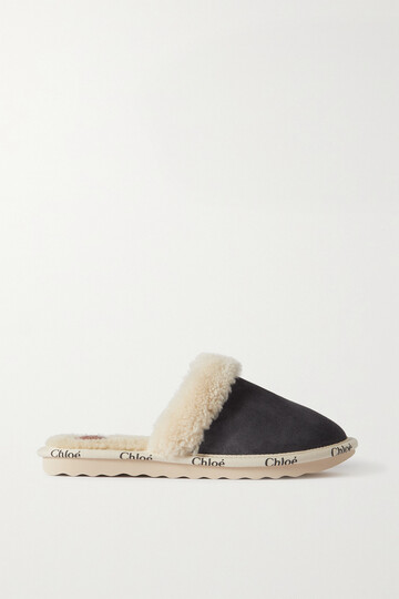 Chloé Chloé - Woody Logo-print Suede And Shearling Slippers - Gray