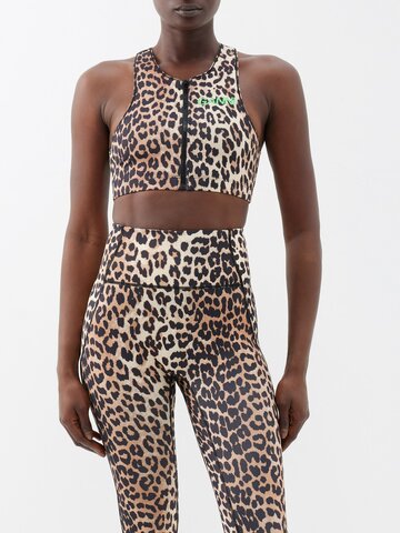 ganni - leopard-print zipped recycled-blend sports bra - womens - leopard