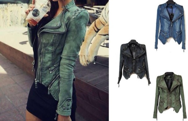 coat leather in fashion black blue cute jacket hip style green tight leather jacket