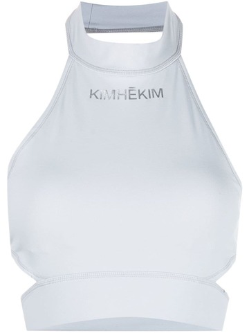kimhekim logo-print halterneck cropped top - grey