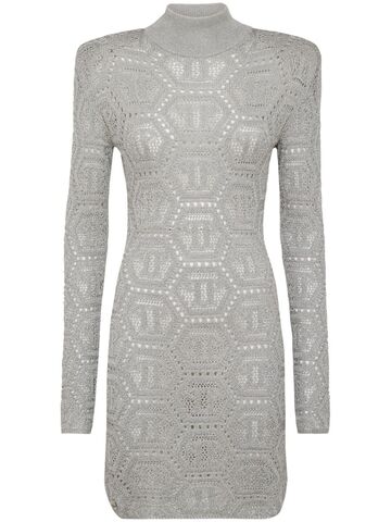 philipp plein monogram-pattern crochet-knit minidress - grey