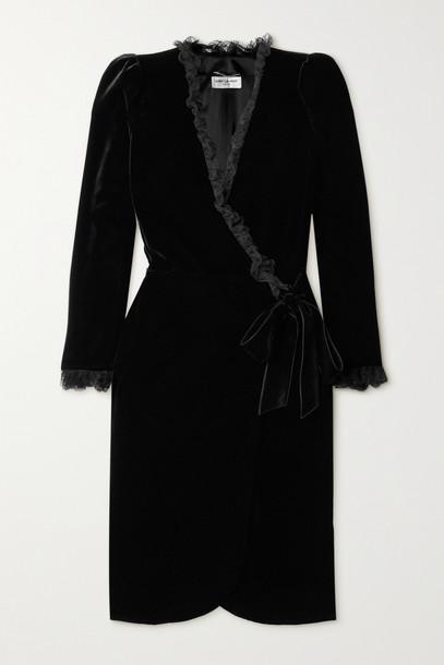 SAINT LAURENT - Lace-trimmed Velvet Wrap Dress - Black