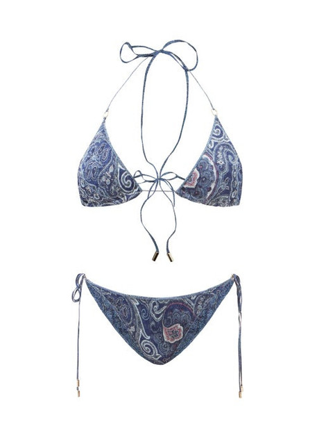 Etro - Ischia Halterneck Paisley-jacquard Bikini - Womens - Blue Multi