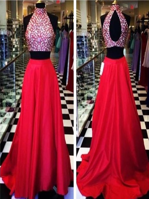 Custom Made A Line High Neck 2 Pieces Red Long Prom Dress, Long Red Formal Dress on Storenvy