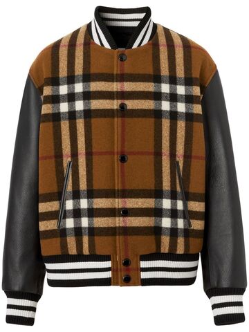 burberry checked leather-sleeve bomber jacket - brown