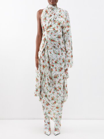 balenciaga - floral-print one-shoulder crepe dress - womens - white print