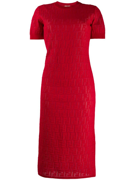 Fendi monogrammed short-sleeve midi dress in red