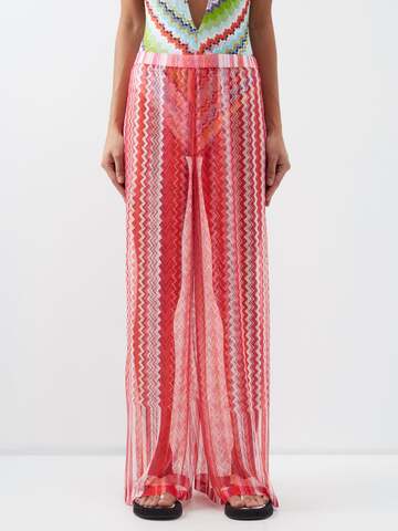 missoni - zigzag sheer-knit wide-leg trousers - womens - red pink