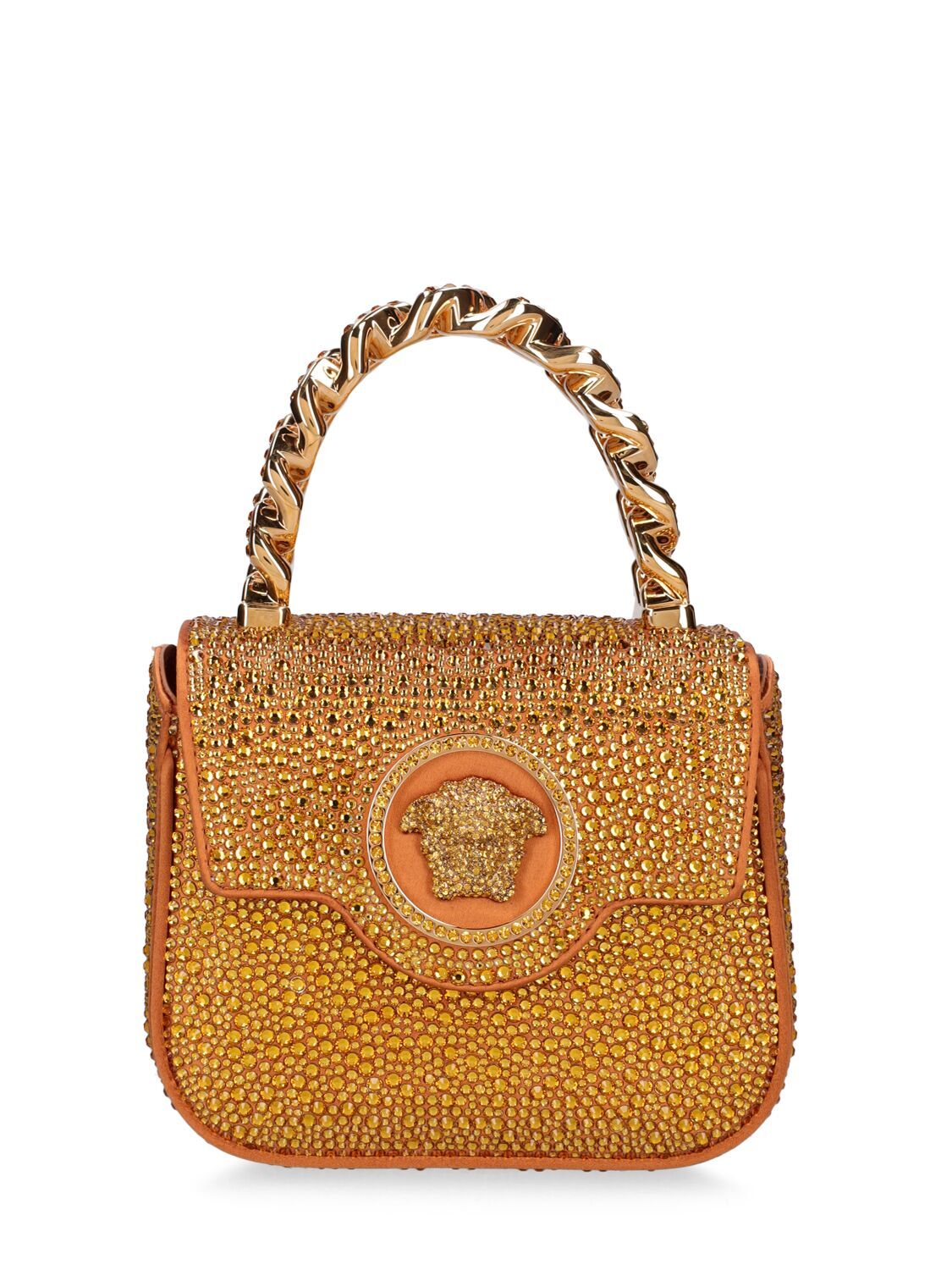 VERSACE Mini Satin & Strass Top Handle Bag in gold