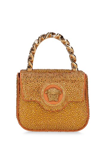 versace mini satin & strass top handle bag in gold