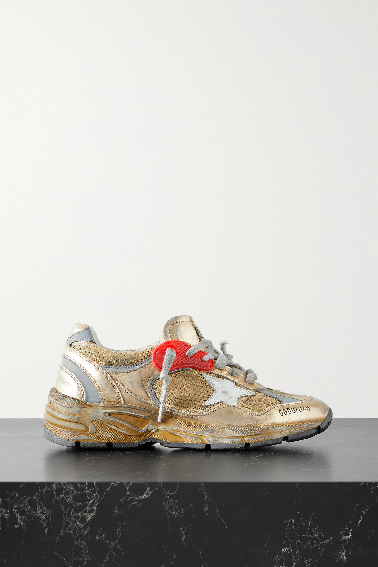 Golden Goose - Dad-star Distressed Metallic Mesh And Leather Sneakers - IT35 in gold