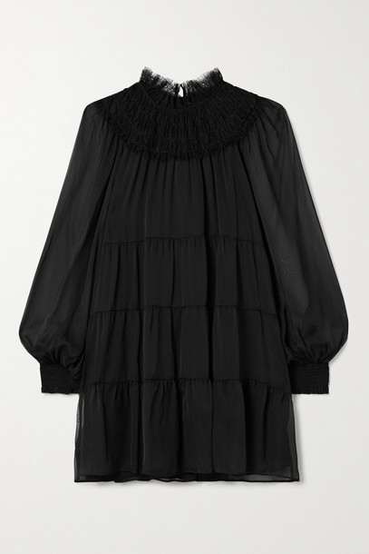 ALICE + OLIVIA ALICE + OLIVIA - Kellyann Tiered Lace-trimmed Silk-chiffon Mini Dress - Black