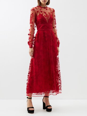 elie saab - floral-embroidered tulle midi dress - womens - red