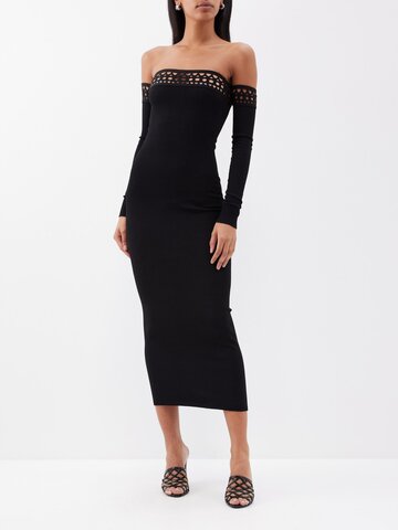 ALAÏA Alaïa - Vienne Off-the-shoulder Knitted Midi Dress - Womens - Black