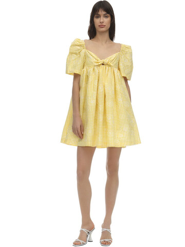 PUSHBUTTON Checked Cotton Blend Mini Dress in white / yellow