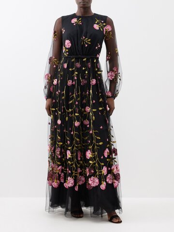 giambattista valli - floral-embroidered tulle gown - womens - black multi
