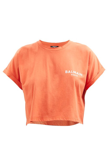 Balmain - Logo-print Organic-cotton Jersey Cropped T-shirt - Womens - Orange
